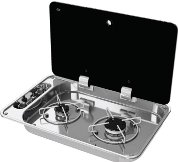 Két égős rozsdamentes acél főzőlap színezett üvegfedéllel 530x340 mm