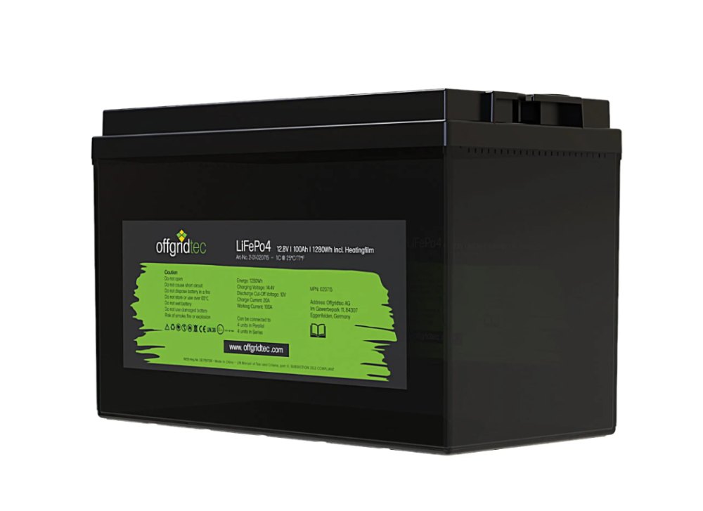 Offgridtec LiFePO4 akkumulátor 12,8 V 100 Ah – 1280 Wh, integrált BMS és fűtőbetét