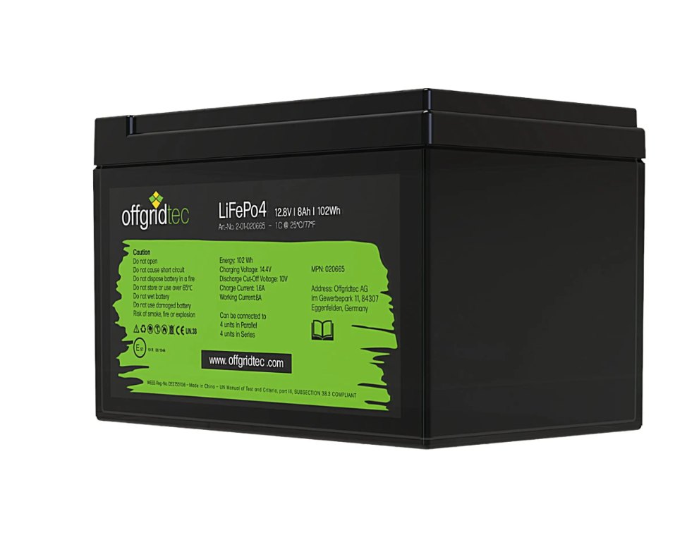 Offgridtec LiFePO4 akkumulátor 12,8 V 8 Ah – 102 Wh, integrált BMS