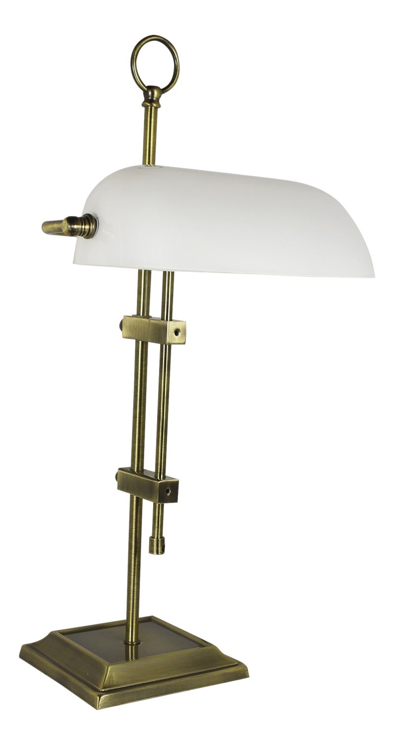 Antik bankárlámpa opál üvegbúrával – 55 cm