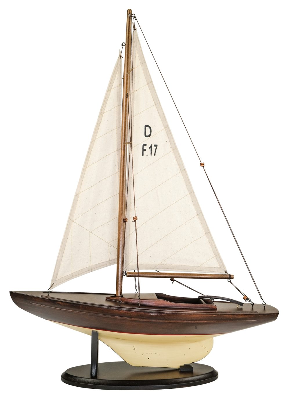 Vitorlás jacht modell, fa, vászon vitorlákkal, elefántcsont/barna – 42 × 11 × 55 cm