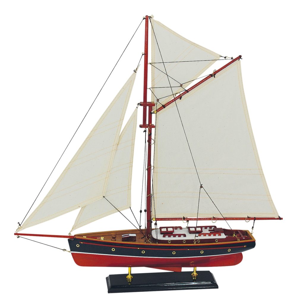 Vitorlás jacht modell, fa, vászon vitorlákkal – 58 × 59 cm