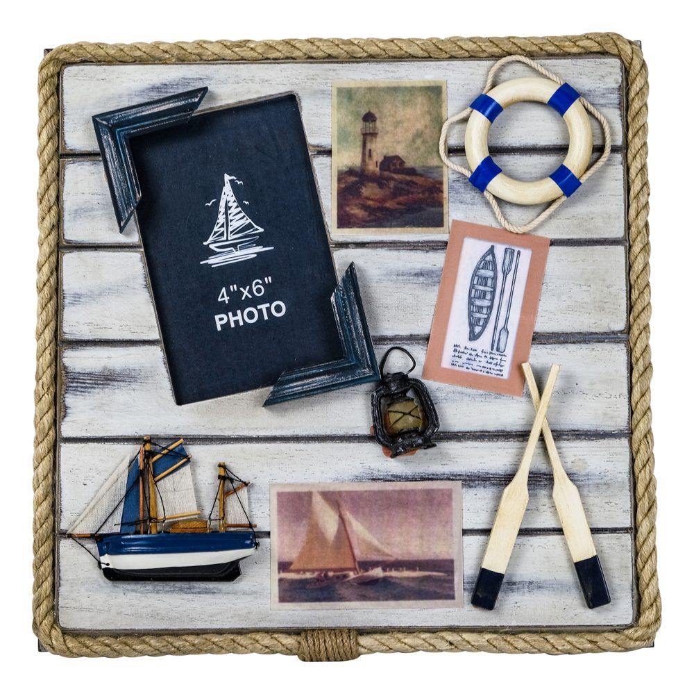 Tengerészeti stílusú fali képkeret festett fából – 30 × 30 × 3 cm