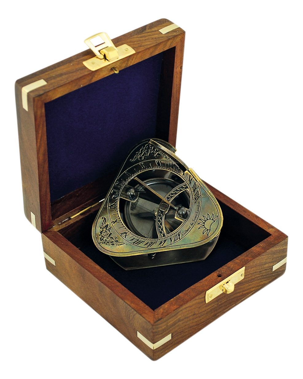 Napóra iránytűvel, antikolt sárgaréz – 8 × 8 × 6,5 cm, fadobozban