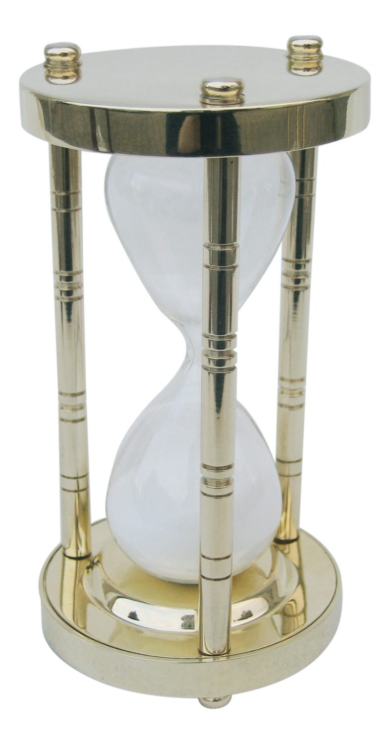 Háromoszlopos homokóra sárgarézből – kb. 15 perc, 14,5 cm