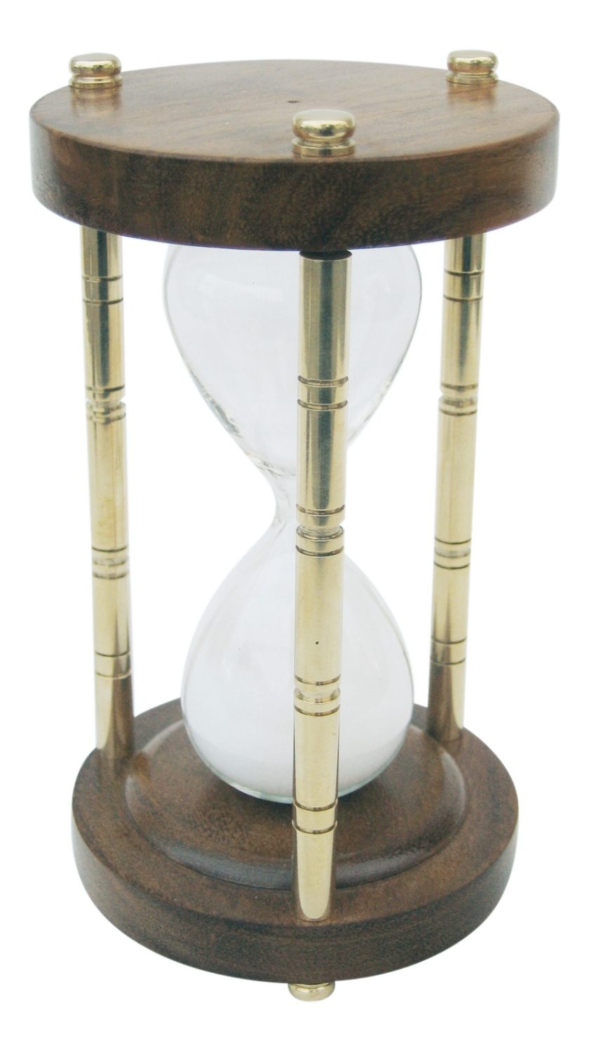 Háromoszlopos homokóra sárgarézből és fából – kb. 15 perc, 15 cm