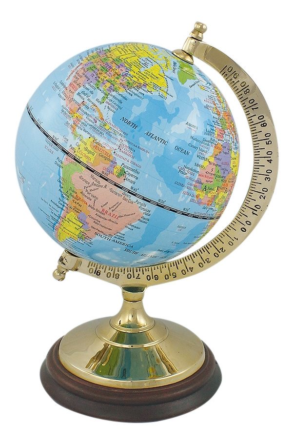 Világoskék földgömb sárgaréz-fa talpon – 22,5 cm