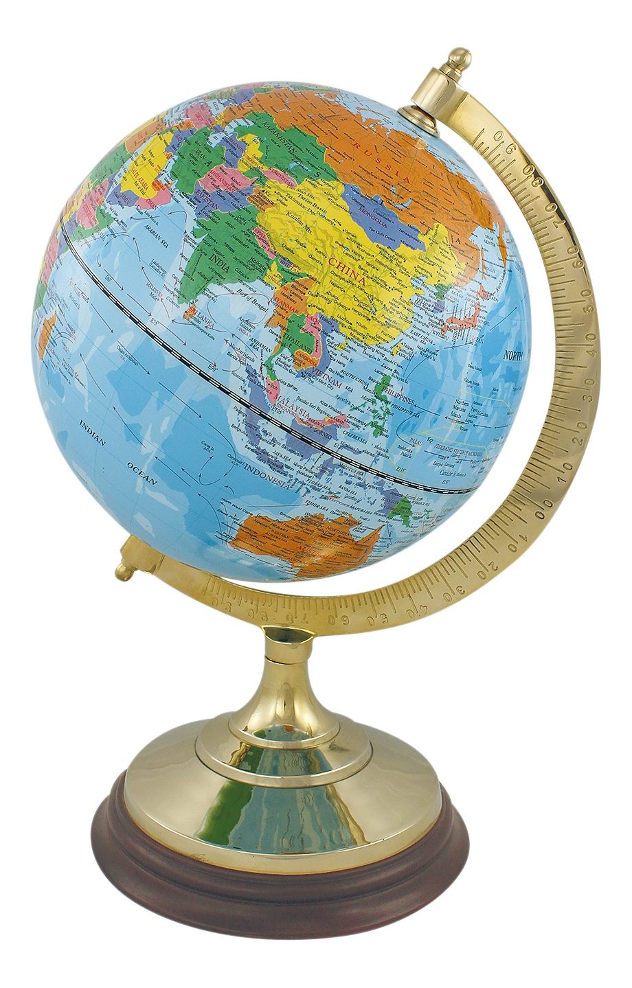Világoskék földgömb sárgaréz-fa talpon – 34 cm