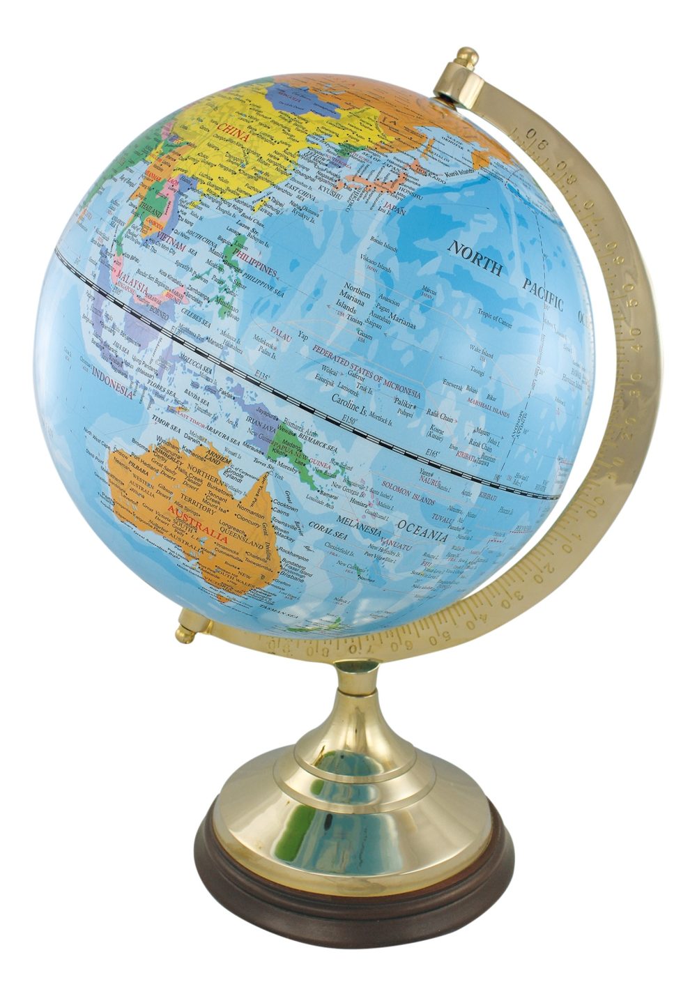 Világoskék földgömb sárgaréz-fa talpon – 47 cm