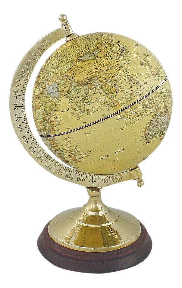 Natúr (bézs) földgömb sárgaréz-fa talpon – 22,5 cm