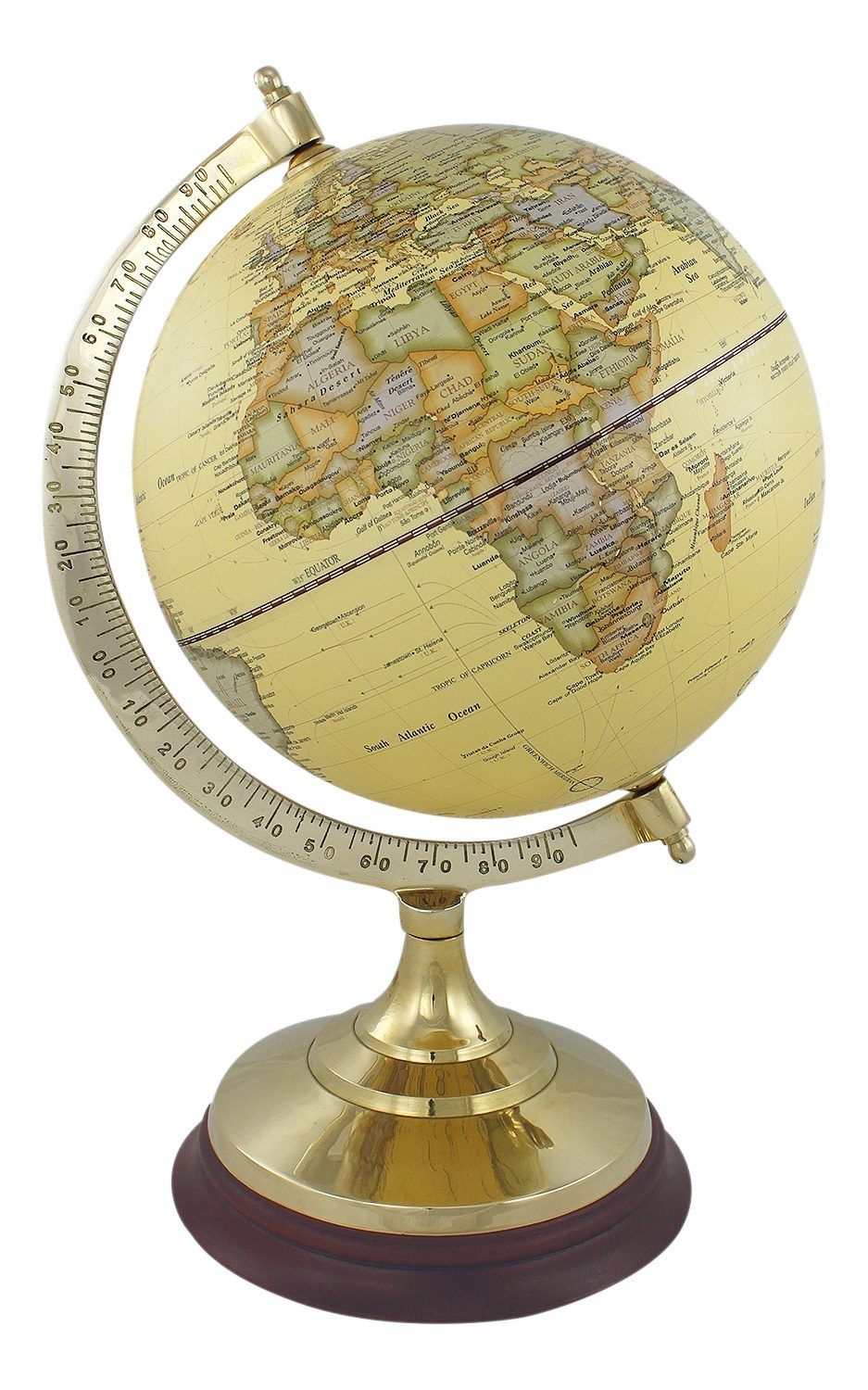 Natúr (bézs) földgömb sárgaréz-fa talpon – 34 cm