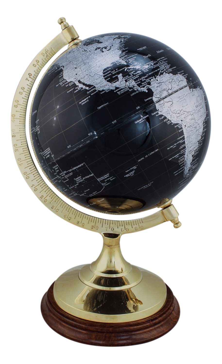 Fekete földgömb sárgaréz-fa talpon – 34 cm