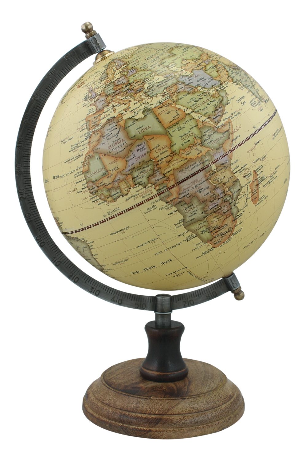 Natúr (bézs) földgömb antikolt állványon – 32 cm