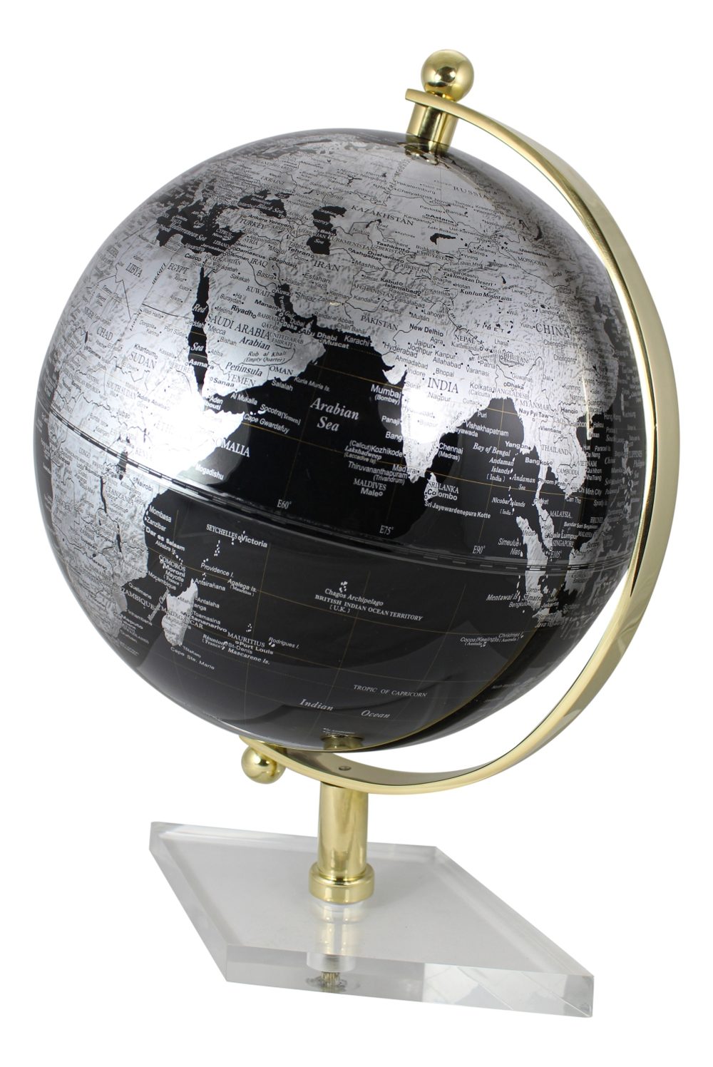 Fekete földgömb sárgaréz tartóval, akril talpon – 44 cm