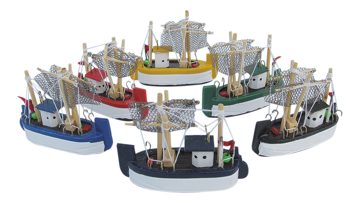 Garnélahalász kutter-modellek fából, vegyes színekben – 7 cm, 6 db