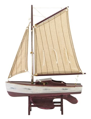Vitorlás jacht modell, fa, vászon vitorlákkal, bordó – 25 × 36 cm