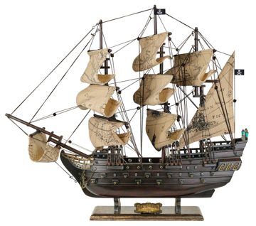 Kalózhajó-modell fából, vászonból és fémből – 51 × 18 × 44 cm