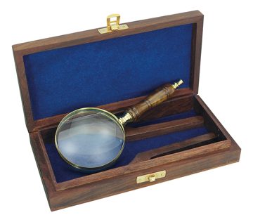 Nagyító fa nyéllel, sárgaréz és fa – 18 cm, Ø 7,5 cm