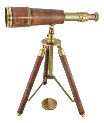 Háromlábú állványos távcső, antikolt sárgaréz és bőr – 34 cm