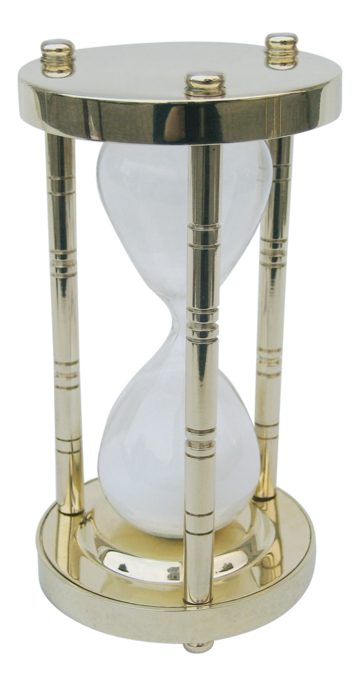 Háromoszlopos homokóra sárgarézből – kb. 15 perc, 14,5 cm