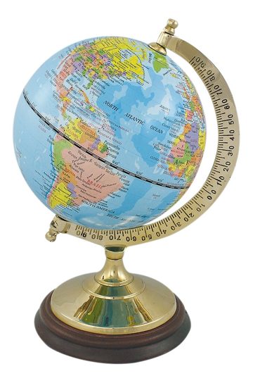 Világoskék földgömb sárgaréz-fa talpon – 22,5 cm