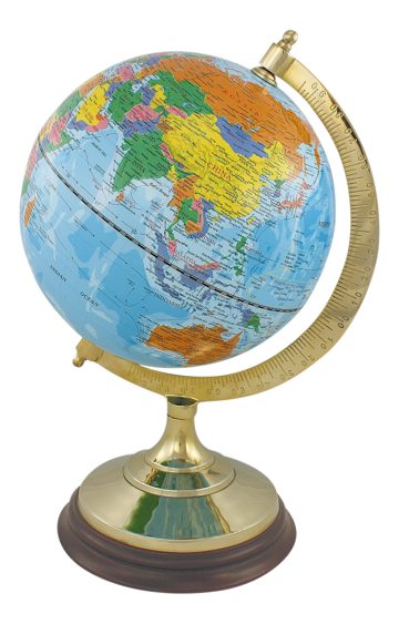 Világoskék földgömb sárgaréz-fa talpon – 34 cm