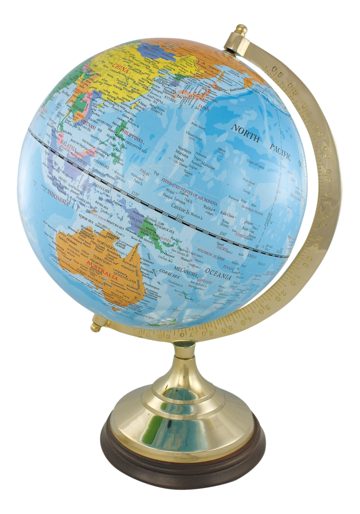 Világoskék földgömb sárgaréz-fa talpon – 47 cm