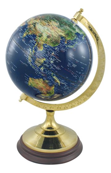 Sötétkék földgömb sárgaréz-fa talpon – 34 cm