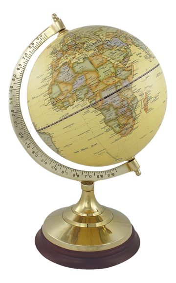 Natúr (bézs) földgömb sárgaréz-fa talpon – 34 cm