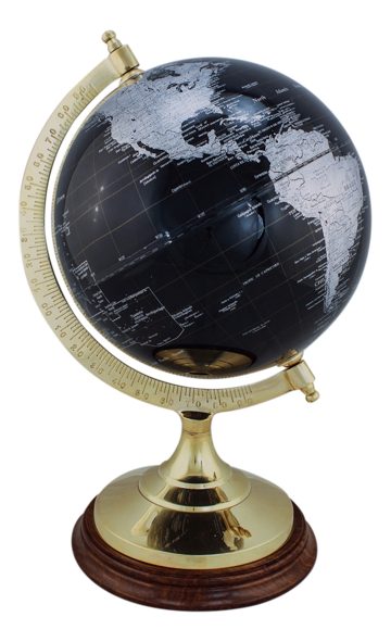 Fekete földgömb sárgaréz-fa talpon – 34 cm