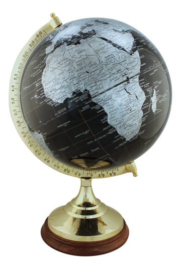 Fekete földgömb sárgaréz-fa talpon – 47 cm