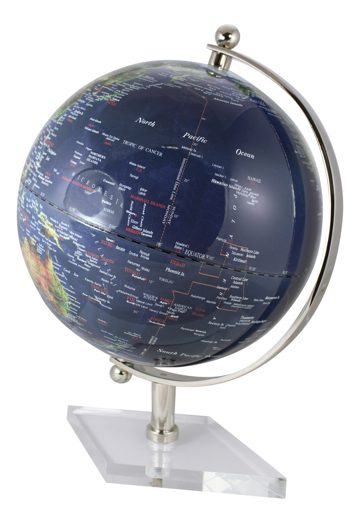 Sötétkék földgömb nikkelezett sárgaréz tartóval, akril talpon – 44 cm
