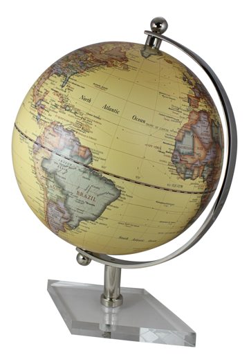 Krémszínű földgömb nikkelezett sárgaréz tartóval, akril talpon – 44 cm