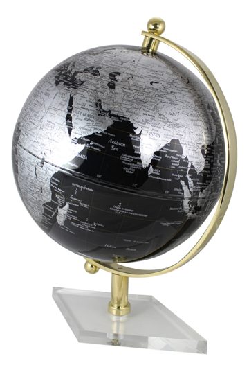 Fekete földgömb sárgaréz tartóval, akril talpon – 19 cm