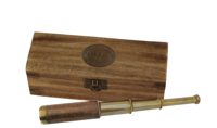 Antikolt sárgaréz távcső bőrrel, fadobozban – 38 cm