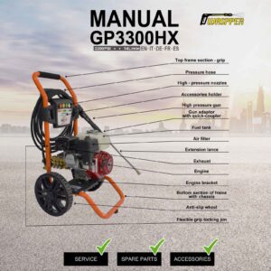 Gaspper GP3300HX benzinmotoros nagynyomású mosó, Honda GX200, 5,8 LE, 220 bar / 3 200 PSI - Image 8